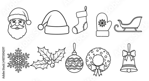 Vector illustration of Christmas icons including Santa hat, snowflake, stocking, holly, bell, wreath, sleigh, and mitten
