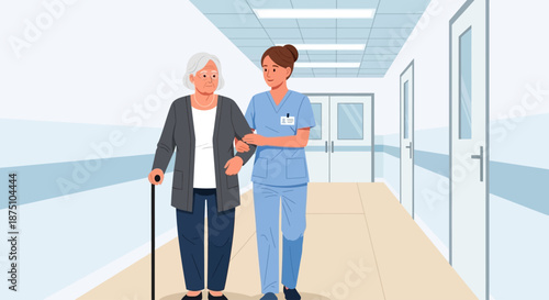 Compassionate caregiver gently assisting an elderly woman with her walking aid through a bright medical facility hallway, emphasizing dedicated support and quality elder care