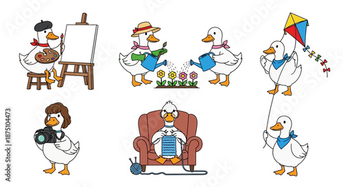 Whimsical vector illustrations featuring a delightful collection of cartoon ducks engaged in various creative and recreational hobbies, perfect for lifestyle themes