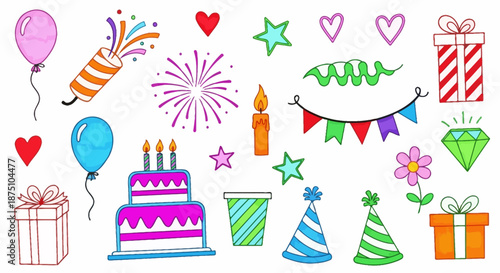Vibrant Collection of Hand-Drawn Birthday and Party Elements Vector Illustration Set - Festive Celebration Doodles for Events and Anniversaries