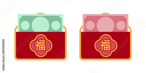Red Envelope with Banknotes CNY Bills Graphic, Red Packet icon, Hongbao for Giving, Angpao icon, Symbolizing blessings, Luck, Prosperity, and Giving during Lunar New Year Celebration