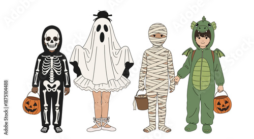 Four diverse children in various festive Halloween costumes, including a skeleton, ghost, mummy, and dragon, happily preparing for trick-or-treating adventures