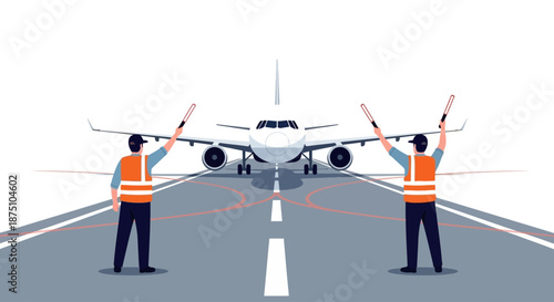 Airport ground staff guiding a passenger airplane on the tarmac with marshalling wands, ensuring safe movement and efficient air travel operations