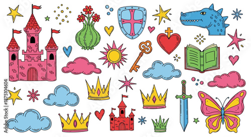 Enchanting Hand-Drawn Fairy Tale Elements Collection Whimsical Castles, Crowns, Dragons, and Magical Storybook Symbols