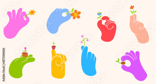 Cartoon doodle hands holding colorful flowers, seed and pot. Set abstract groovy vector illustration gestures for holiday sticker, banner.
