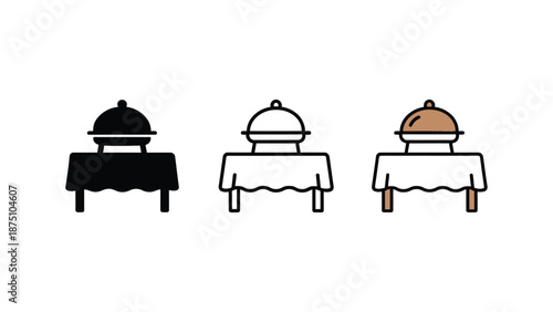 A set of three covered serving dishes on tables in different colors