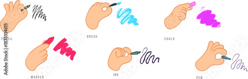 Cartoon doodle hands holding pencil, chalk, marker, brush, ink pen and ballpoint pen in minimal modern style. Set abstract groovy vector illustration gestures for childish education sticker, banner.