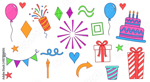 Lively Hand-Drawn Celebration Elements Set Festive Doodles for Birthdays, Parties, and Special Occasions, Including Balloons, Cake, and Presents