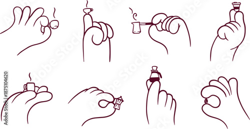 Cartoon cute hands holding coffee cup, bean and equipment. Set abstract doodle vector illustration gestures for sticker.
