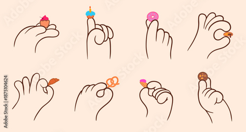 Cartoon cute hands holding desert bakery. Cupcake, donut, cake, cookie, pretzel, croissant. Set abstract doodle vector illustration gestures for sticker.