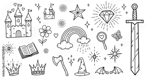 Enchanting Hand-Drawn Doodle Collection of Magical Fairy Tale Elements and Fantasy Kingdom Icons for Creative Design Projects
