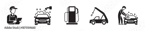 Automotive service icons mechanic checking checklist car wash fuel pump emergency towing washing detailing