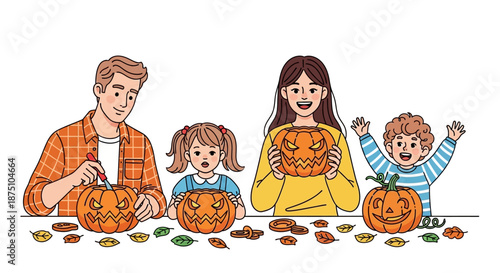 Joyful family activity Parents and children carving pumpkins to create spooky jack-o'-lanterns for a fun Halloween celebration, surrounded by autumn decor