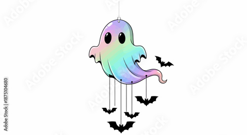 Whimsical Pastel Ghost and Bat Mobile Illustration for Halloween Decor – Cute and Spooky Vector Art Design with Ethereal Gradient Colors