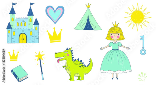 Charming Hand-Drawn Princess Fairytale Elements Collection for Kids' Fantasy Adventures, Storytelling, and Magical Playtime Designs