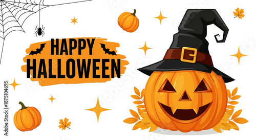 Festive Halloween background with a happy pumpkin wearing a witch hat, surrounded by autumn leaves, spiderwebs, and stars, perfect for spooky season designs