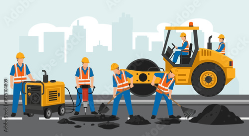Construction workers and heavy machinery paving a new road with asphalt and a steamroller in a cityscape illustration