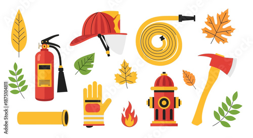 Firefighter equipment and autumn leaves illustration set with fire hydrant, axe, hose, helmet, and gloves