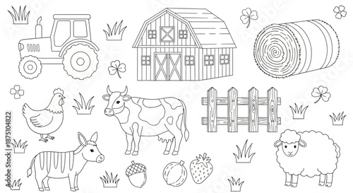 Farm coloring book page with tractor, barn, animals, fence, and hay bale for kids