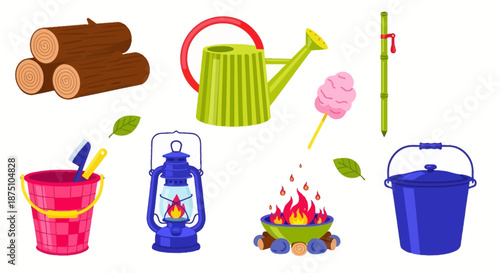 Collection of outdoor recreational items including camping gear, gardening tools, and play equipment for leisure and fun
