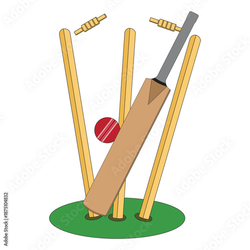 Cricket Ball Hitting Wickets Vector Illustration – Clean Sports Icon with Ball, Stumps and Bails, Editable Flat Design for Cricket Match, Tournament Branding, Logo, Poster, App UI and Creative Graphic