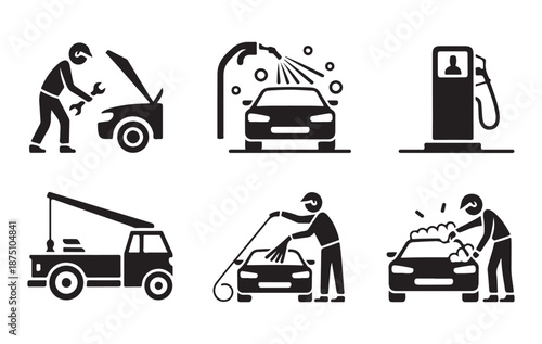 Automotive repair cleaning and fueling services icon set mechanic examining engine carwash spray tow truck assistance