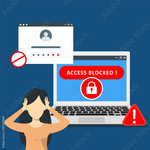 A woman frustrated with access blocked message on laptop. Concept of cybersecurity issues, technology problems, user frustration and digital security.