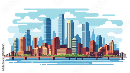 Flat vector illustration of a modern metropolitan skyline inspired by New York City, featuring tall generic skyscrapers, riverfront view, clean outlines and solid colors for travel themes