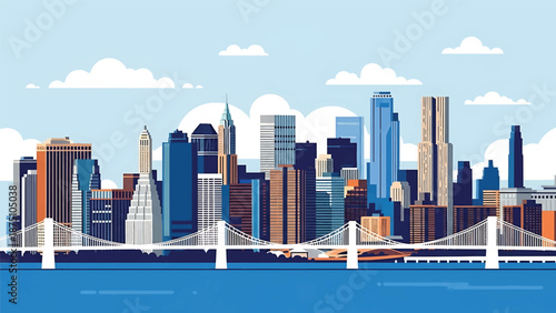 Flat vector illustration of a modern metropolitan skyline inspired by New York City, featuring tall generic skyscrapers, riverfront view, clean outlines and solid colors for travel themes