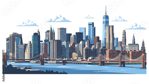 Flat vector illustration of a modern metropolitan skyline inspired by New York City, featuring tall generic skyscrapers, riverfront view, clean outlines and solid colors for travel themes