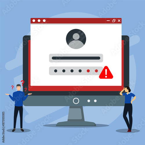 Login error illustration showing password failure, warning alert, and frustrated users facing access problems on a desktop screen. Concept of authentication issues and user experience errors.
