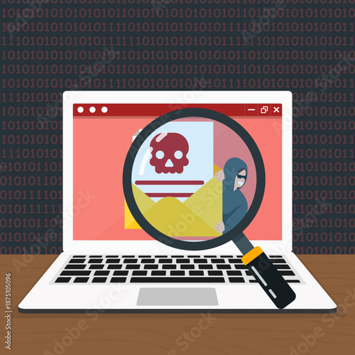 Cyber attack threat illustration showing phishing email, hacker detection, malware warning, and digital investigation on laptop screen. Representing cybersecurity risks, online fraud and data theft.