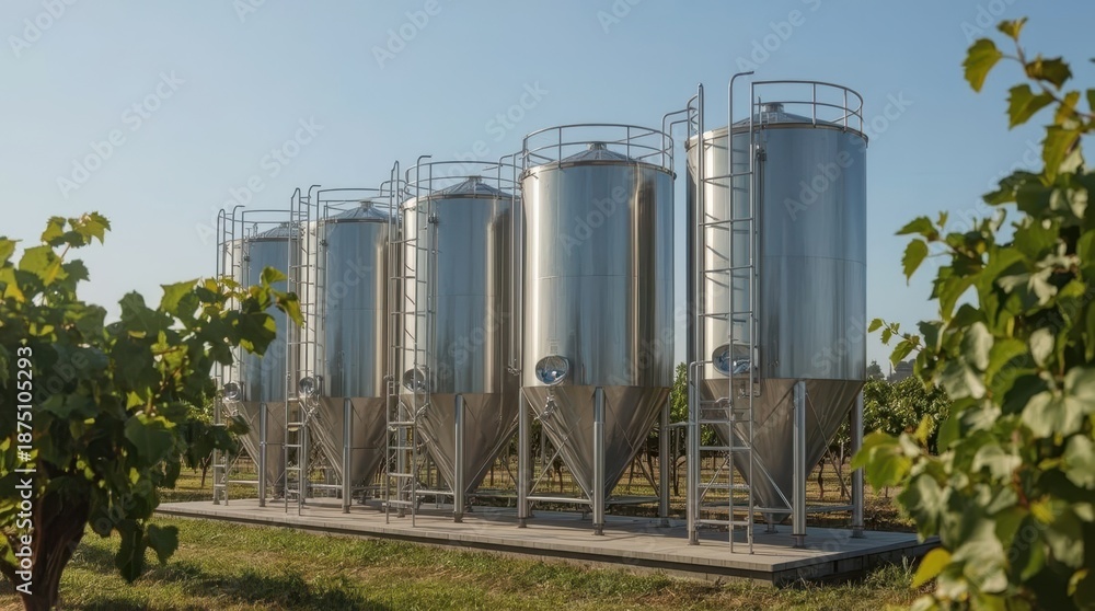 Fototapeta premium Tall vertical fermentation tanks with metal ladders standing on a concrete pad beside lush grapevines in summer. Generative AI