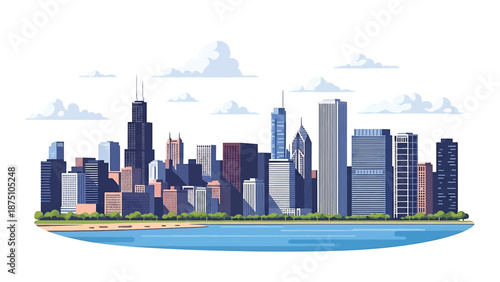 Flat vector illustration of a Chicago-style skyline with tall modern buildings along a lakeside, calm water reflections and clean geometric architecture in solid flat colors