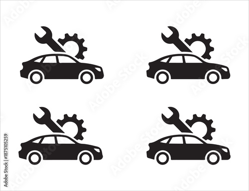 Car repair shop logos collection featuring sedan silhouette with crossed wrench and gear icons set