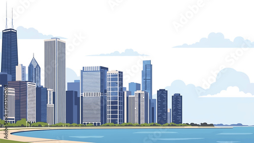 Flat vector illustration of a Chicago-style skyline with tall modern buildings along a lakeside, calm water reflections and clean geometric architecture in solid flat colors