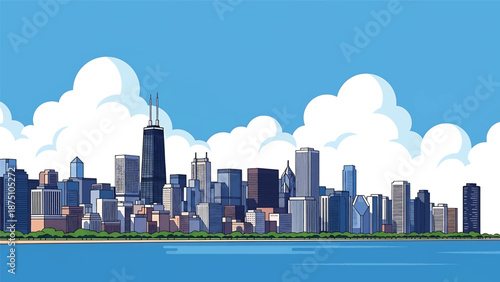 Flat vector illustration of a Chicago-style skyline with tall modern buildings along a lakeside, calm water reflections and clean geometric architecture in solid flat colors