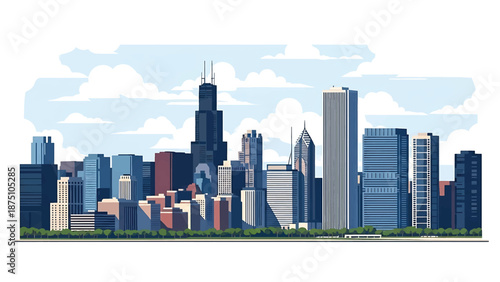 Flat vector illustration of a Chicago-style skyline with tall modern buildings along a lakeside, calm water reflections and clean geometric architecture in solid flat colors