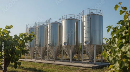 Tall vertical fermentation tanks with metal ladders standing on a concrete pad beside lush grapevines in summer. Generative AI