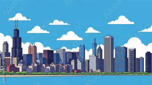 Flat vector illustration of a Chicago-style skyline with tall modern buildings along a lakeside, calm water reflections and clean geometric architecture in solid flat colors