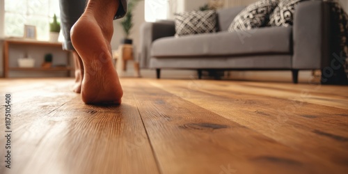 The Bare Feet Walking Across Sunlit Hardwood Living Room Near Cozy Sofa