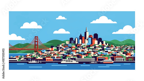 Flat vector illustration of a San Francisco–inspired city view with rolling hills, dense urban blocks, waterfront setting and abstract bridge shapes in solid flat colors