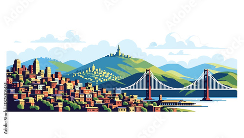 Flat vector illustration of a San Francisco–inspired city view with rolling hills, dense urban blocks, waterfront setting and abstract bridge shapes in solid flat colors
