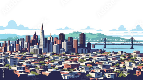 Flat vector illustration of a San Francisco–inspired city view with rolling hills, dense urban blocks, waterfront setting and abstract bridge shapes in solid flat colors