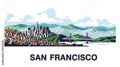 Flat vector illustration of a San Francisco–inspired city view with rolling hills, dense urban blocks, waterfront setting and abstract bridge shapes in solid flat colors