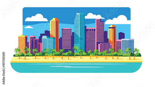 Flat vector illustration of a Miami-style coastal skyline with modern high-rise buildings, palm trees, beach foreground and tropical atmosphere using clean solid colors