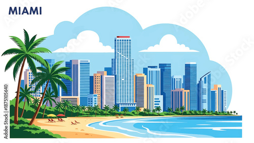 Flat vector illustration of a Miami-style coastal skyline with modern high-rise buildings, palm trees, beach foreground and tropical atmosphere using clean solid colors