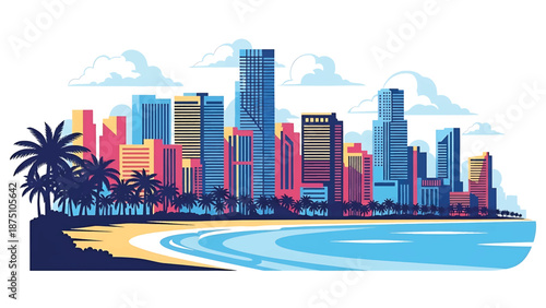 Flat vector illustration of a Miami-style coastal skyline with modern high-rise buildings, palm trees, beach foreground and tropical atmosphere using clean solid colors
