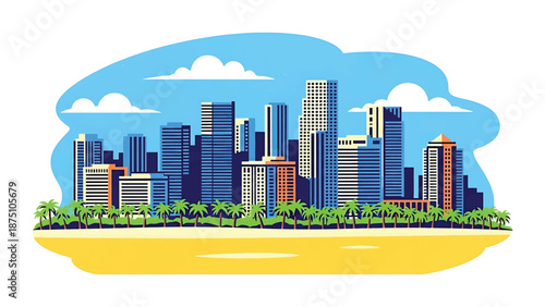 Flat vector illustration of a Miami-style coastal skyline with modern high-rise buildings, palm trees, beach foreground and tropical atmosphere using clean solid colors