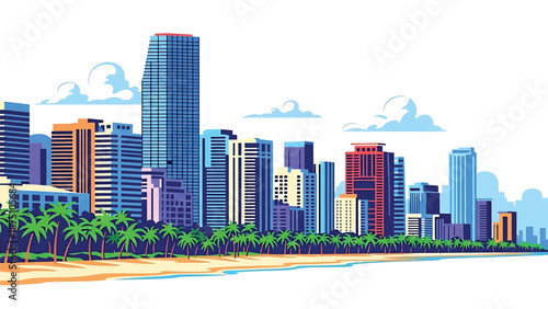 Flat vector illustration of a Miami-style coastal skyline with modern high-rise buildings, palm trees, beach foreground and tropical atmosphere using clean solid colors